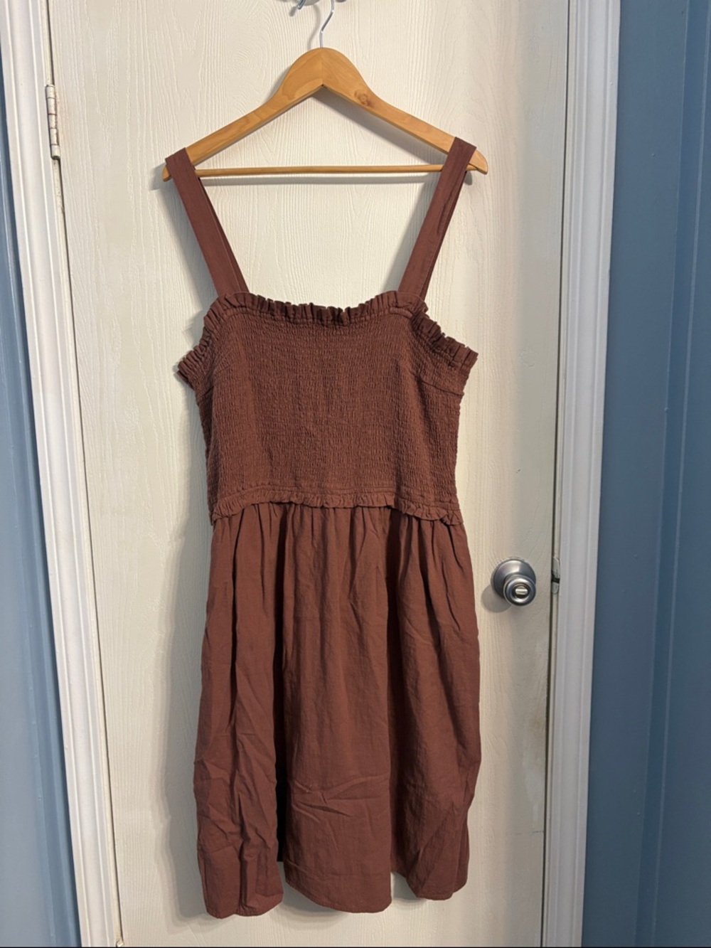 a.n.a Brown Smocked Strap Midi Dress